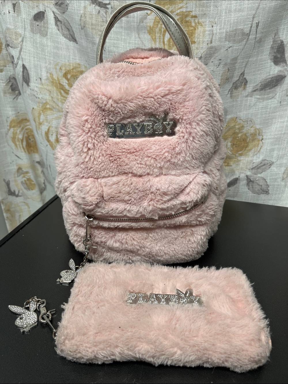PLAYBOY Baby Pink Plush Mini Backpack with Matching Furry Wallet